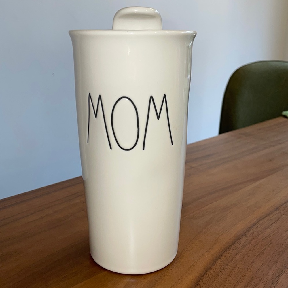 RAE DUNN “MOM” to-go coffee mug. Ceramic lid with rubber seal. Brand new.